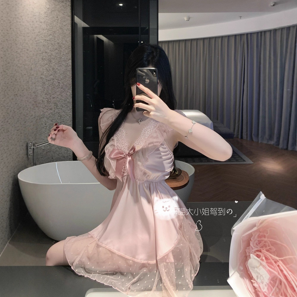 睡衣女款爆款2025新款性感吊带睡裙蕾丝网纱甜美蝴蝶结冰丝睡衣女