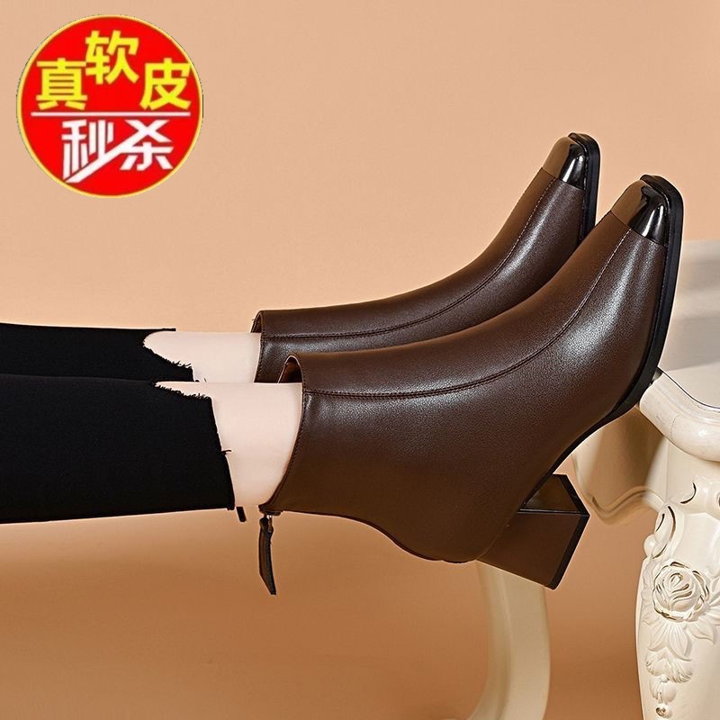 品牌断码真皮马丁靴女中跟秋冬女方头中跟短靴加绒英伦风靴子时尚