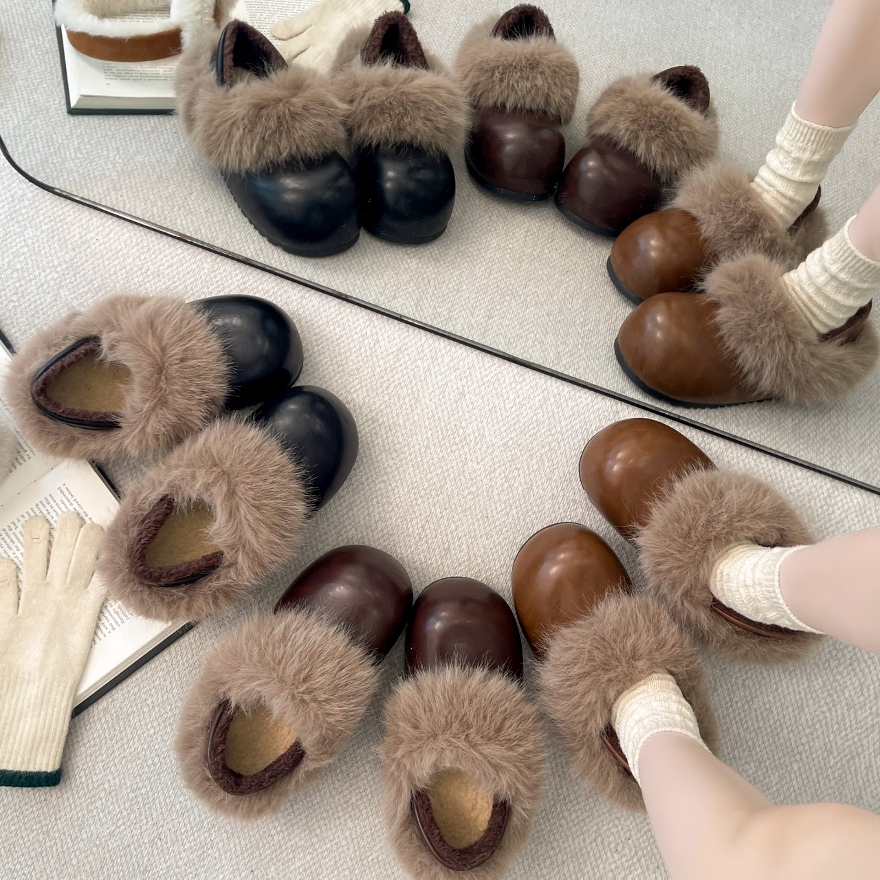 勃肯式毛毛半拖鞋女加绒2025冬季新款小个子内增高两穿大头包头拖