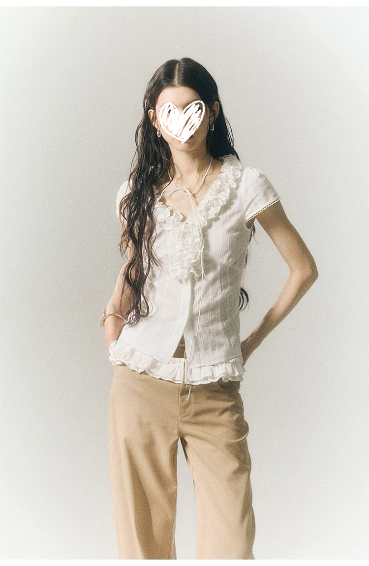 法式复古荷叶边衬衫夏季新款蕾丝收腰显瘦短袖衬衫