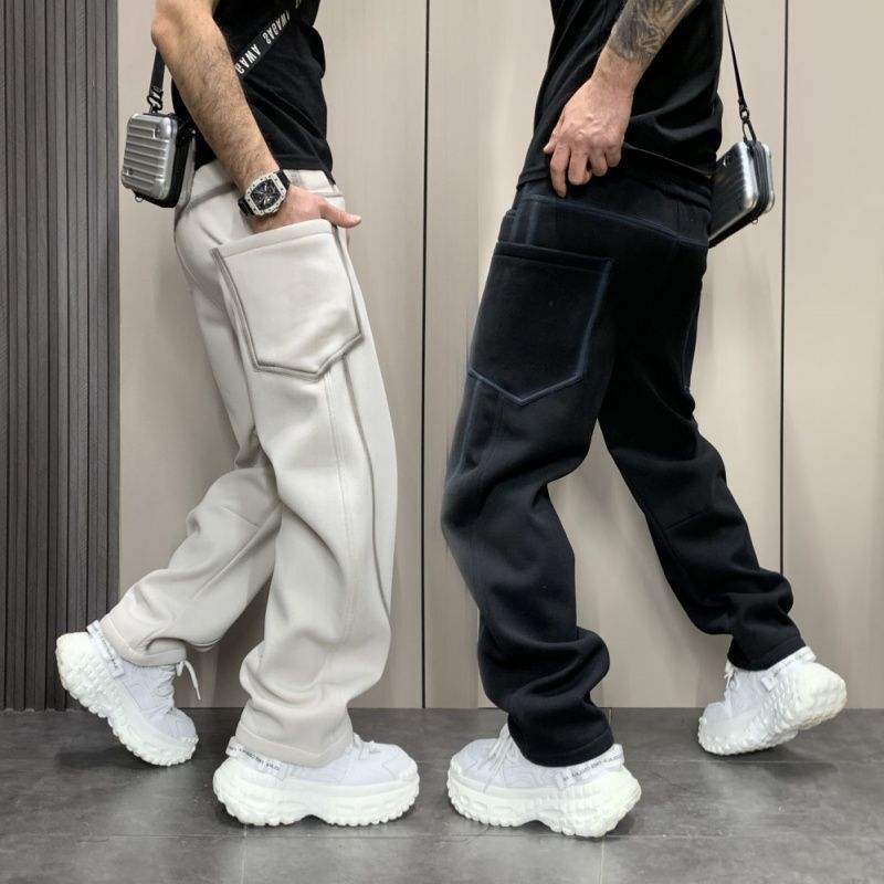 潮牌冬季新款纯色条纹休闲弯刀裤男士时尚百搭运动加绒加绒卫裤男