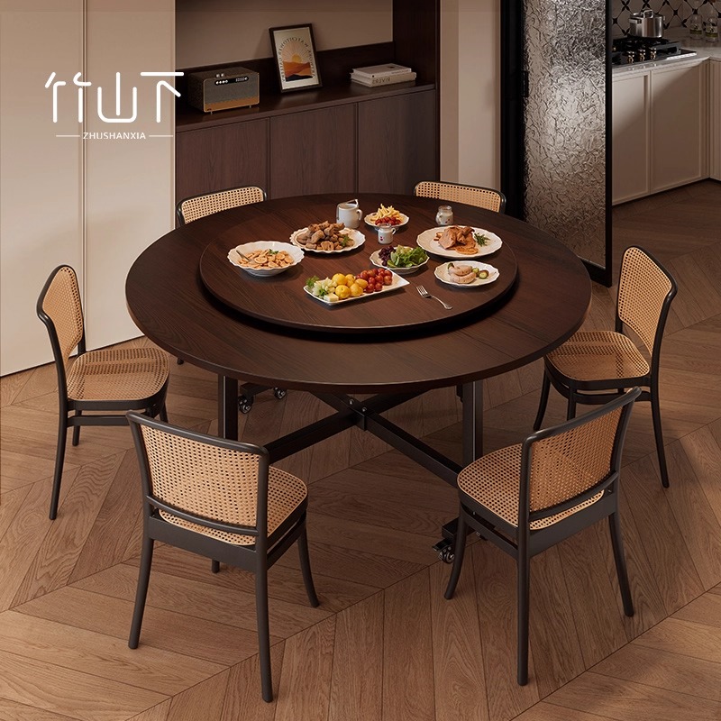 家用新中式大圆桌餐厅简约圆形吃饭桌可移动可折叠饭桌子新款餐桌