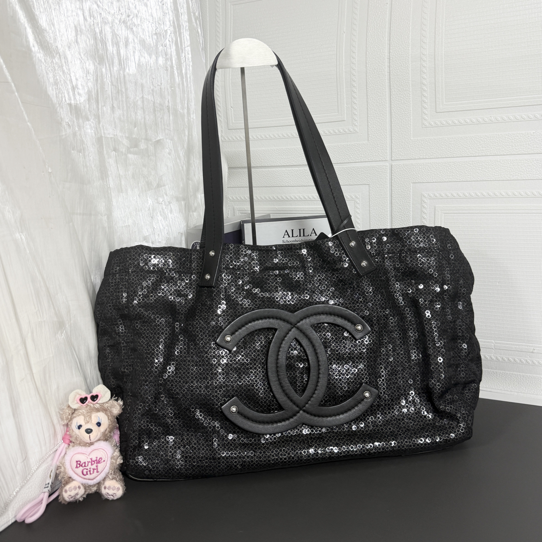 95新 Chanel/香奈儿 95新黑色双C亮片托特单肩包
