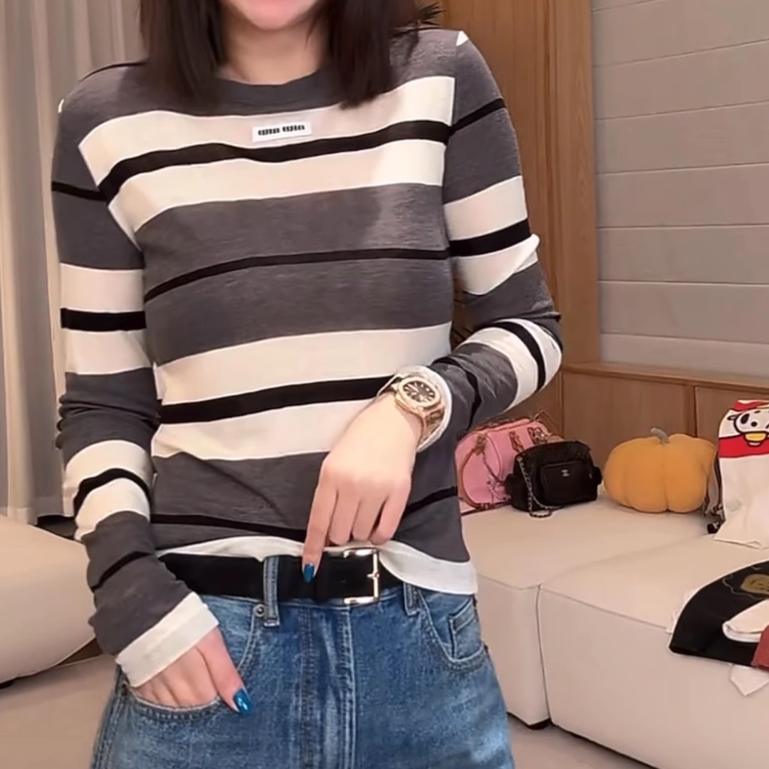 潮牌撞色条纹薄款长袖T恤女2025夏季新款时尚休闲百搭显瘦上衣ins