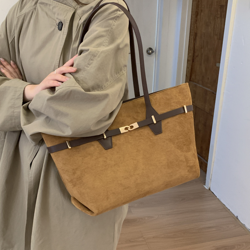 法式复古撞色托特包女2025新款高级感麂皮绒通勤包秋冬单肩包女