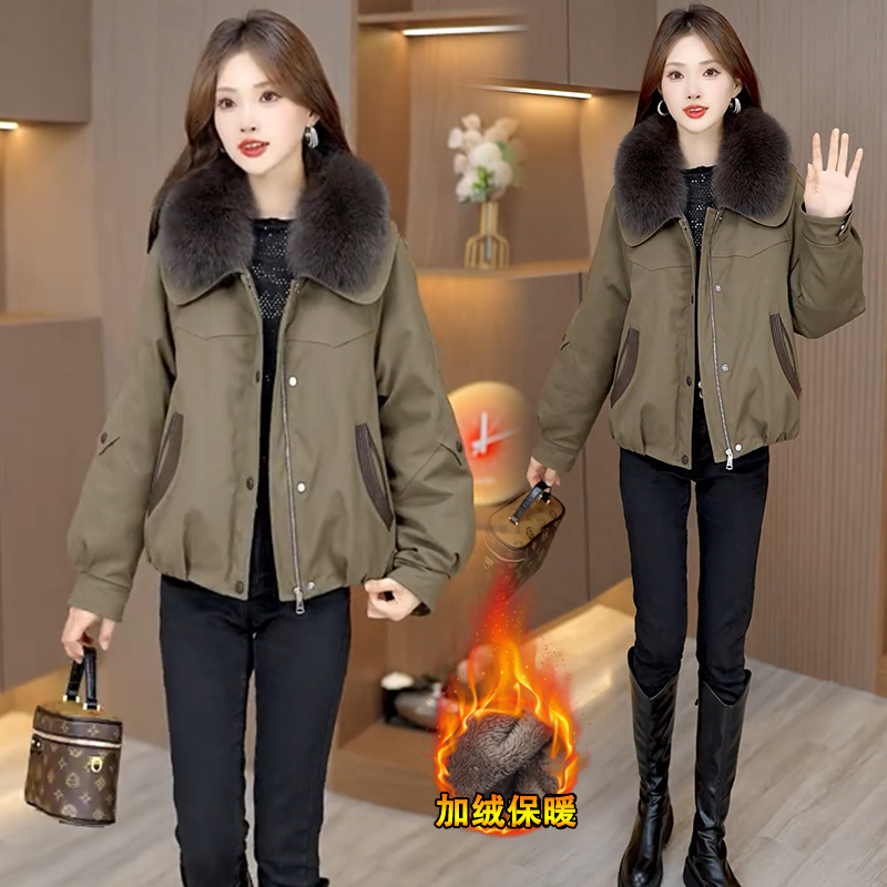 加绒加厚派克服短外套女2025冬季新款宽松显瘦保暖带毛领棉袄外套