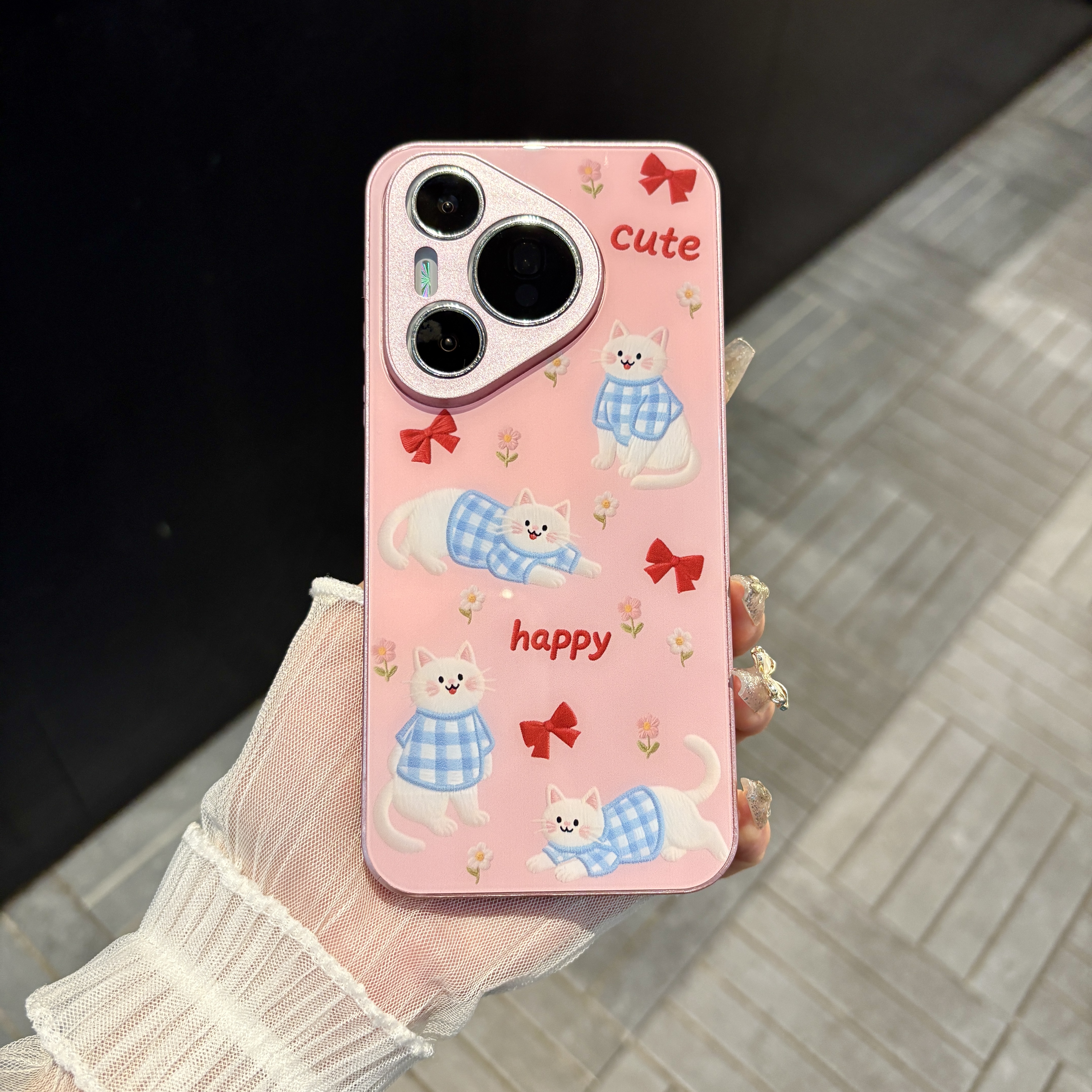 苹果/华为/oppo/vivo/小米粉色花朵猫咪适用pura70肤感玻璃手机壳