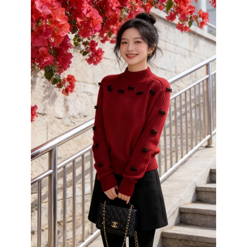 法式设计感蝴蝶结立领针织上衣女2025冬季新款红色减龄打底衫毛衣