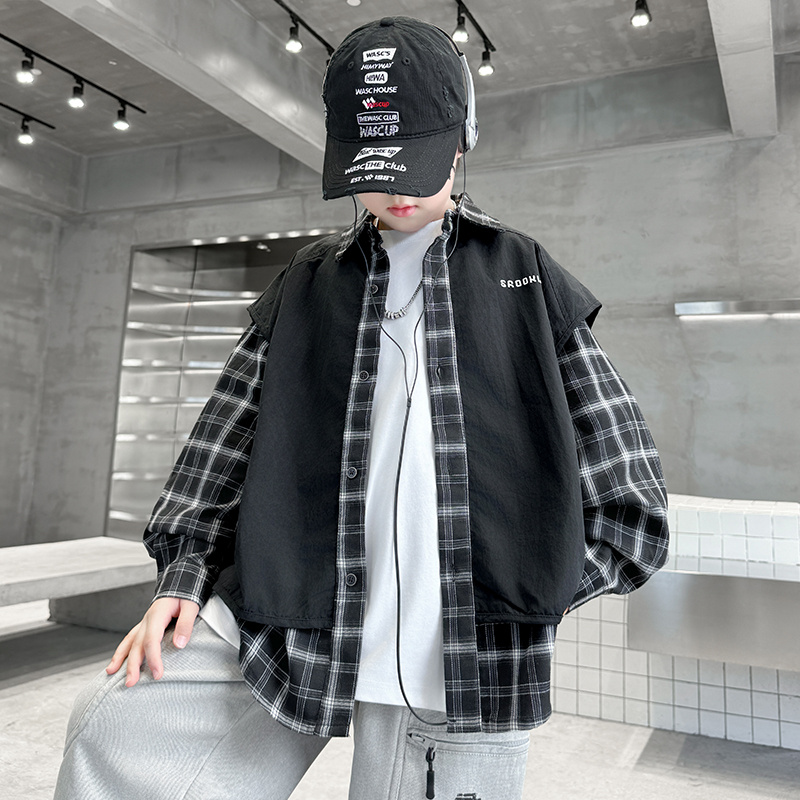 儿童装男童秋装假两件外套2025新款春秋款中大童秋季男孩帅气时髦