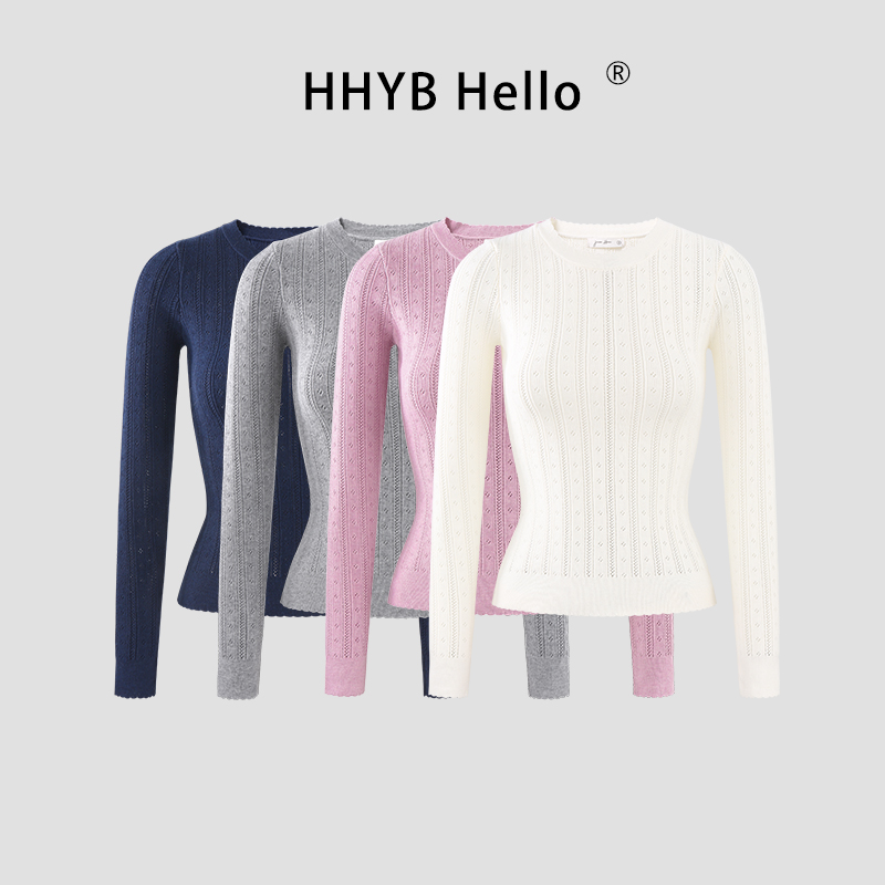 HHYB Hello气质温柔风百搭miu系镂空花边圆领针织打底衫女M1691