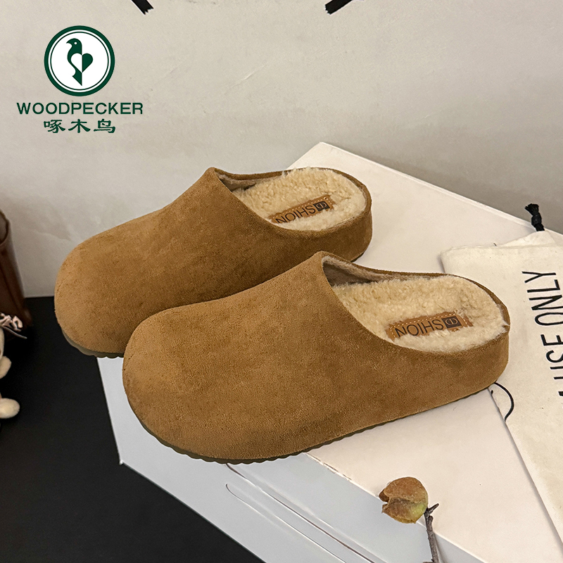 啄木鸟牛货~！强推包头加绒勃肯懒人半拖鞋女厚底外穿毛毛棉拖鞋