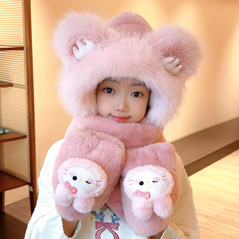 儿童帽子围巾三合一手套冬季女孩保暖毛绒帽男童加厚护耳防寒帽