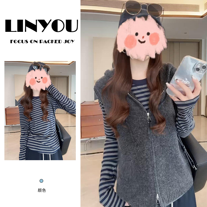 2025秋季新款叠穿连帽毛衣马甲外套长袖T恤两件套女洋气时尚套装