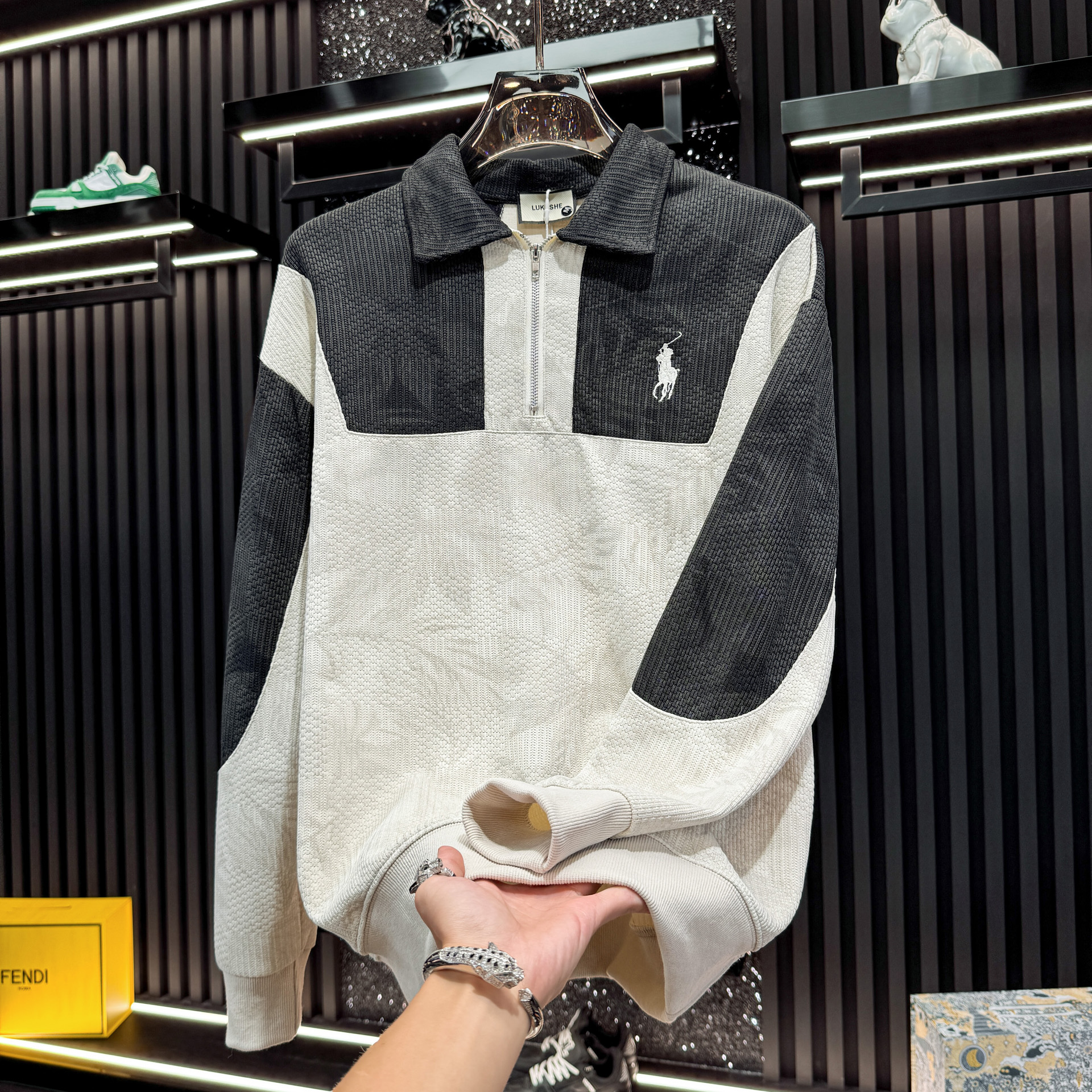 内米霍秋季轻奢切欧货男士翻领卫衣刺绣拼色长袖polo衫休闲上衣男