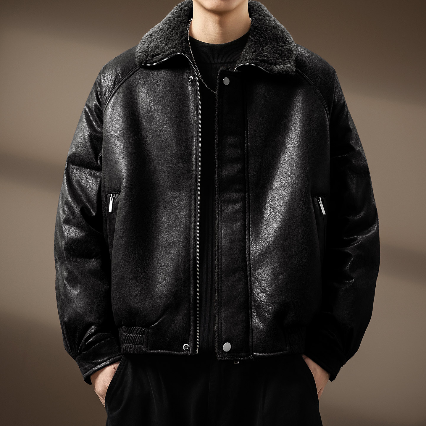 高端复古老钱风皮毛一体棉服男士冬季新款派克服棉袄加绒皮衣外套