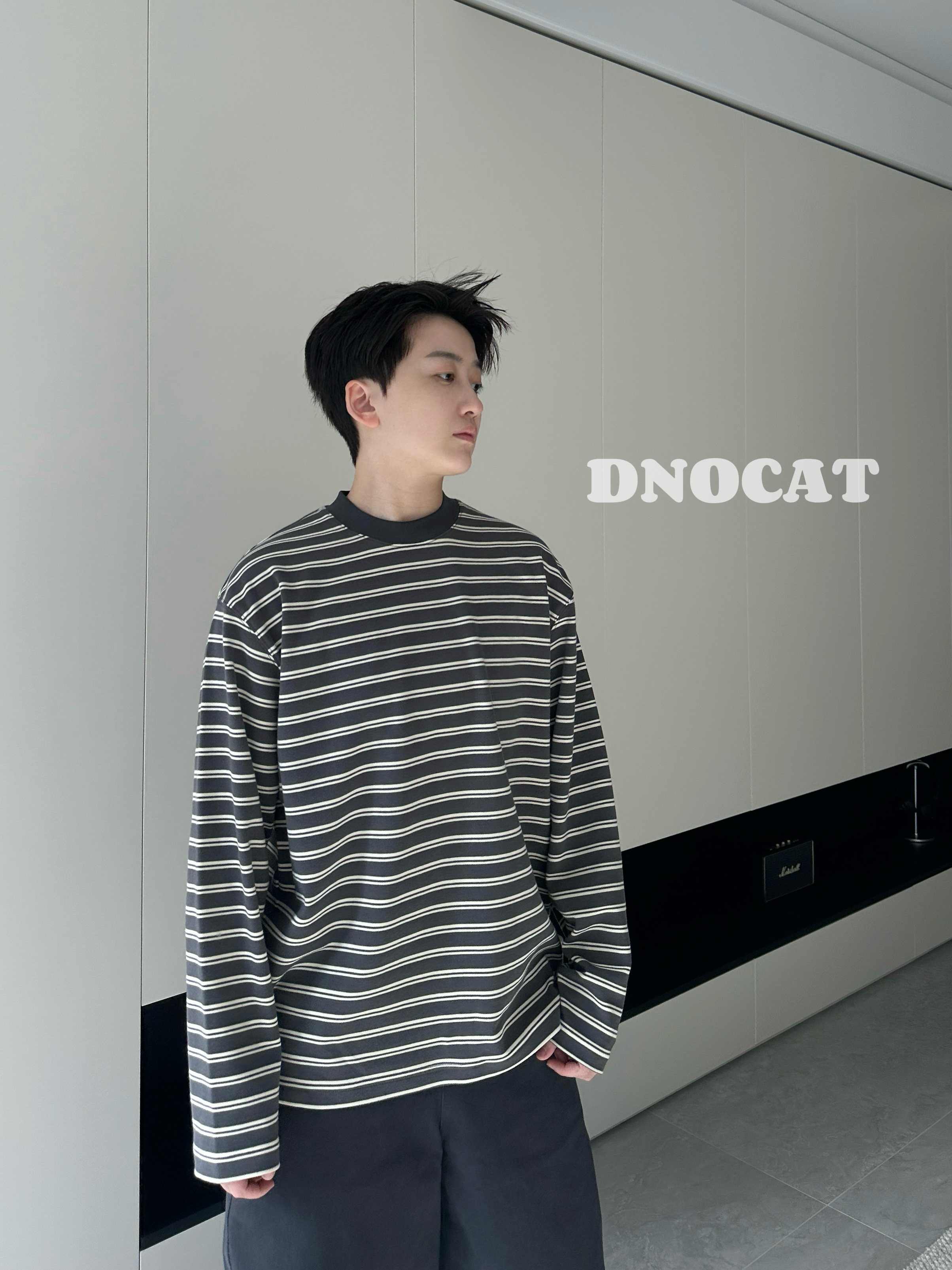 DNOCAT【灰白条纹】宽松软糯小领口简约条纹长袖T恤