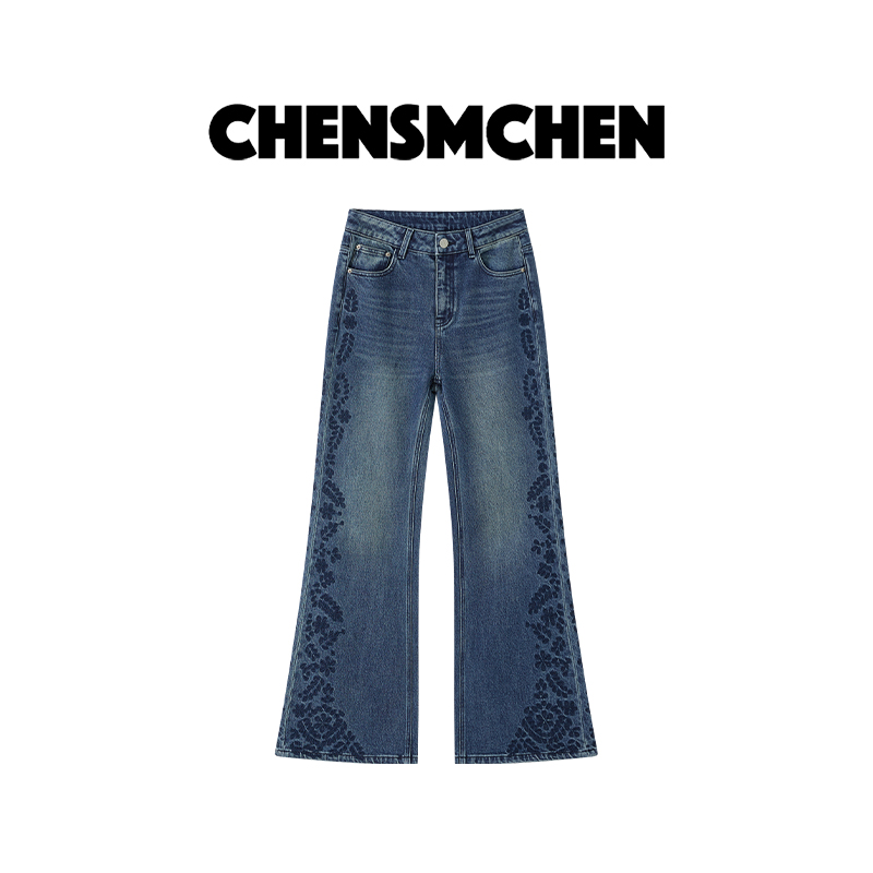 CHENSMCHEN 蓝色绣花牛仔裤女装秋冬穿搭时尚显瘦微喇裤CSN8001QQ