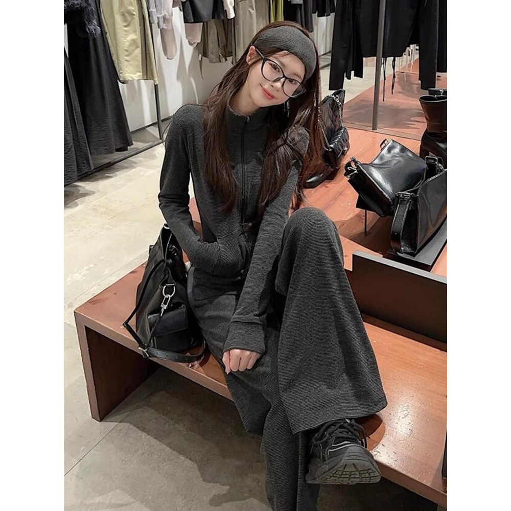 韩系气质休闲运动服套装女春秋修身显瘦半高领开衫卫衣长裤两件套