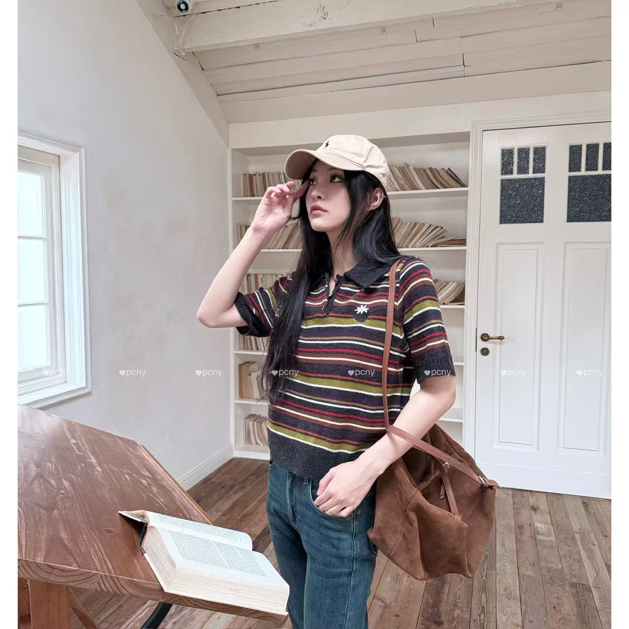 PCNY「彩条复古」不理理冬季新款小众女装时尚休闲条纹POLO衫