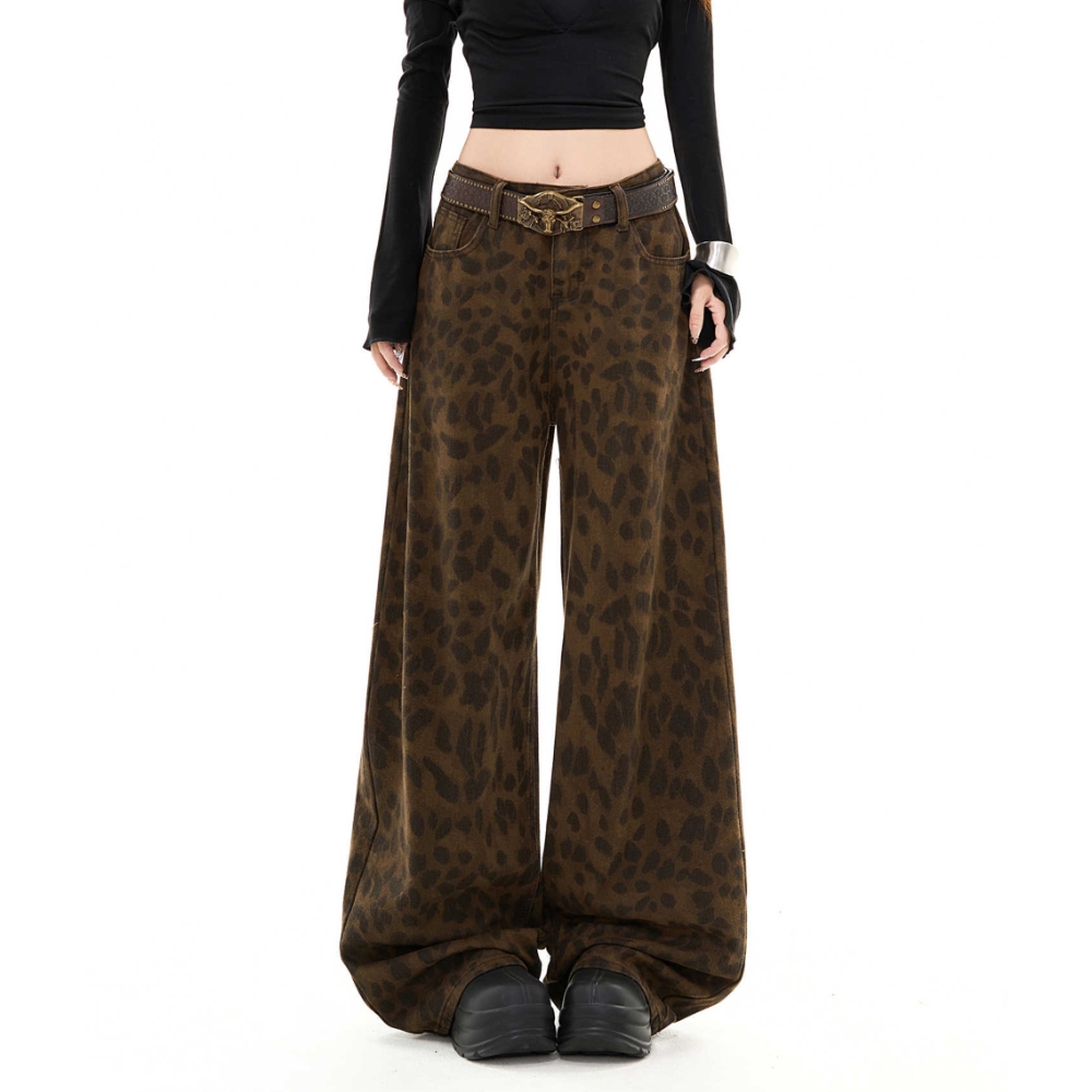 【现货】复古水洗豹纹阔腿牛仔裤女冬季新款高腰宽松显瘦垂感拖地裤