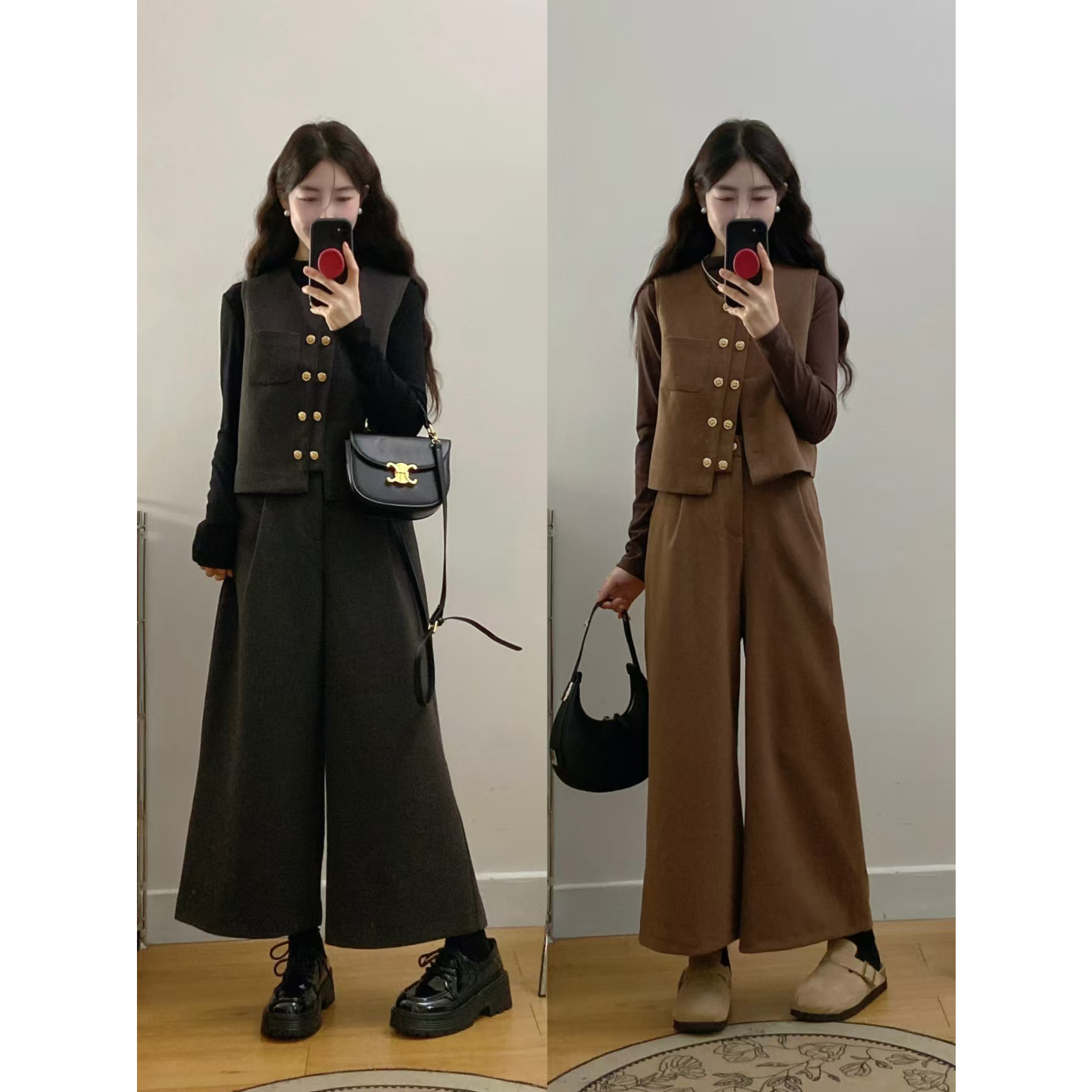 大码女装新款高级感显瘦休闲洋气打底衫+马甲+阔腿裤三件套装