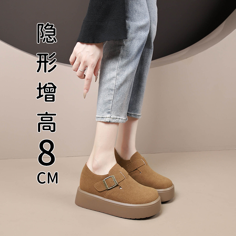 真皮~内增高百搭勃肯鞋女软底秋冬新款厚底圆头一脚蹬博肯鞋单鞋