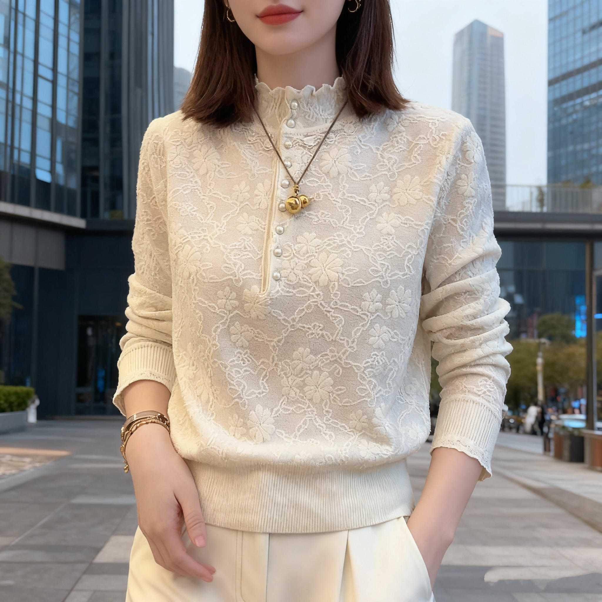 「珍珠扣花边毛衣」2025秋冬新款针织立领袖口镂空纽扣高级气质毛衣