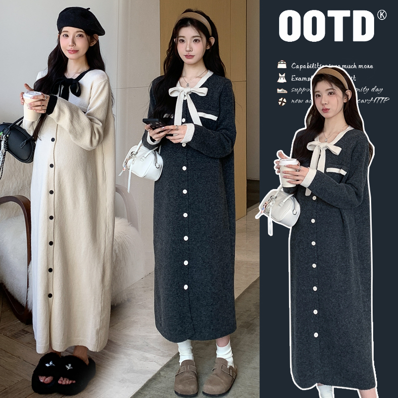 孕妇装秋装2025新款秋冬小香风系带开扣宽松撞色显瘦毛衣连衣裙女
