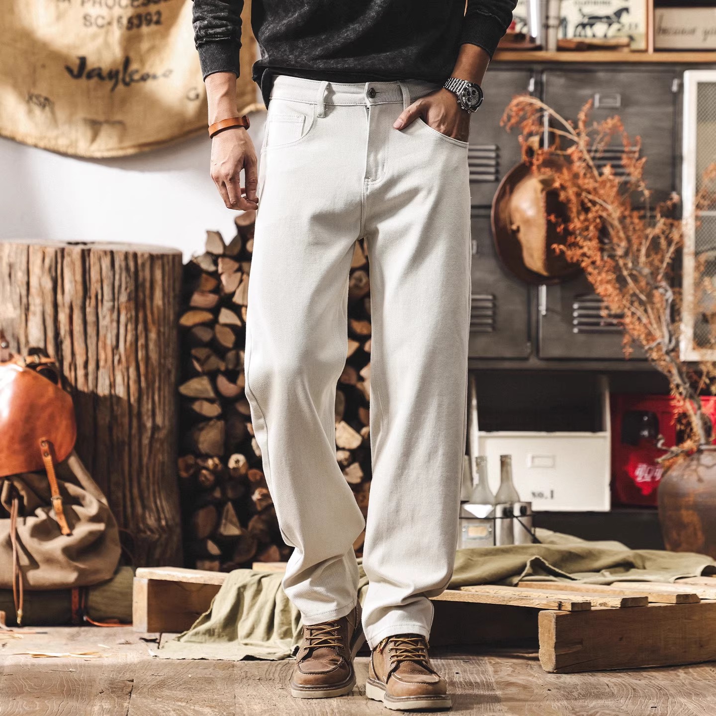 美式复古米白色牛仔裤男加绒加厚冬季2025新款潮牌宽松直筒休闲裤