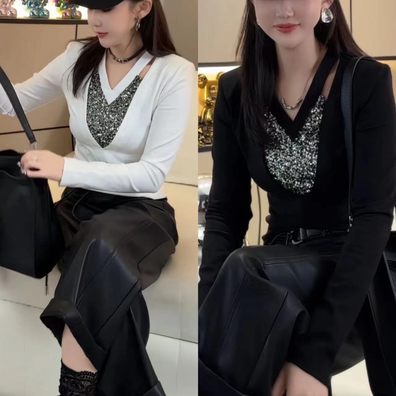 V领千金风纯欲风镂空拼接法式T恤套装长袖洋气网红