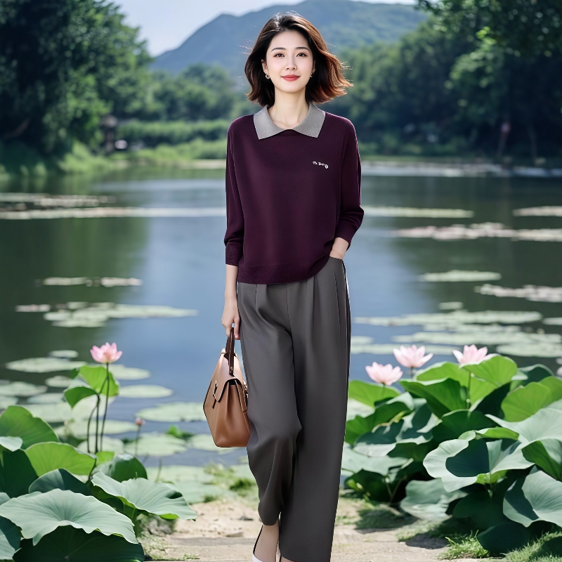 设计感假两件套头针织衫上衣女2025春秋新款高级感显瘦直筒裤套装