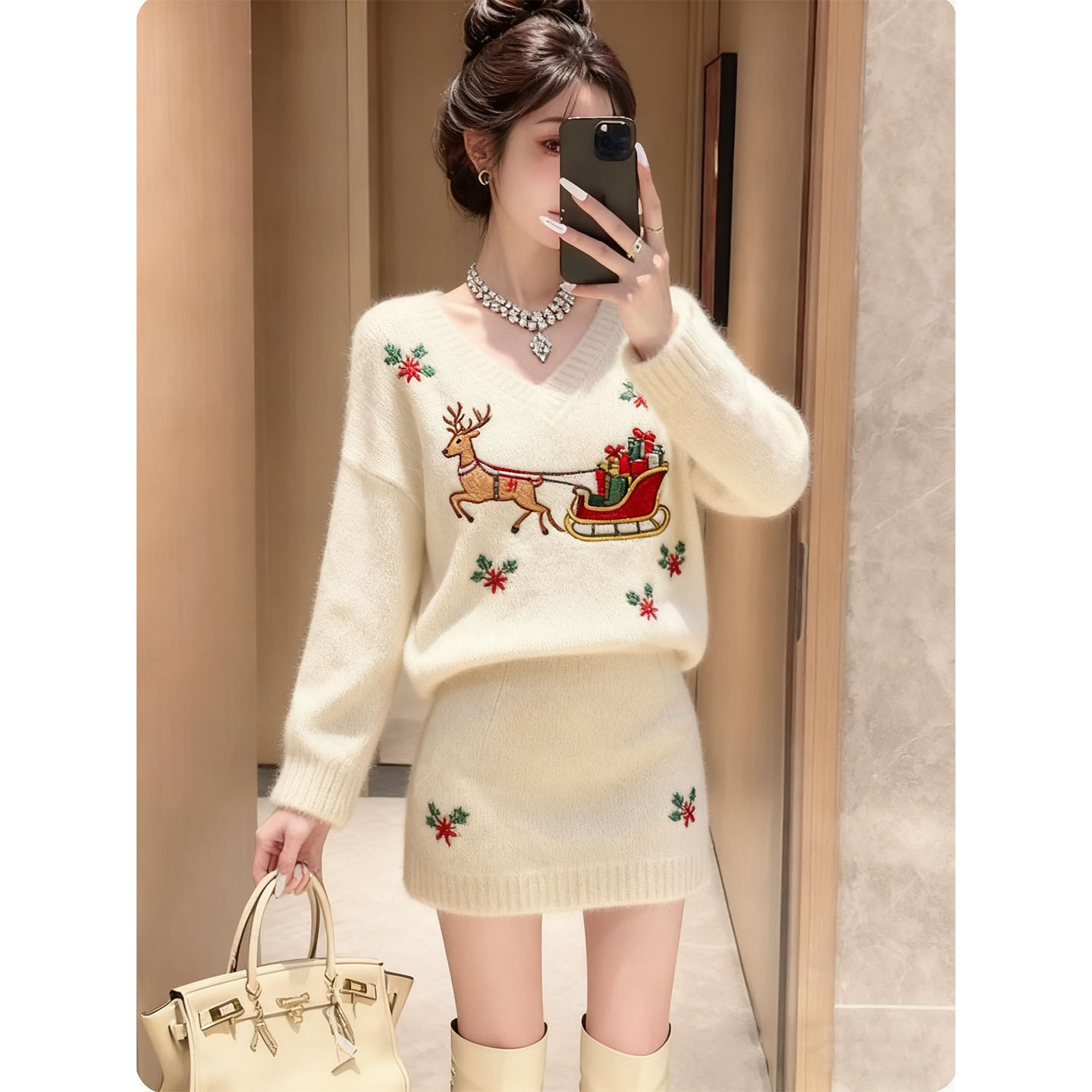 韩系圣诞风针织套装女2025秋冬新款慵懒风v领毛衣半身短裙两件套