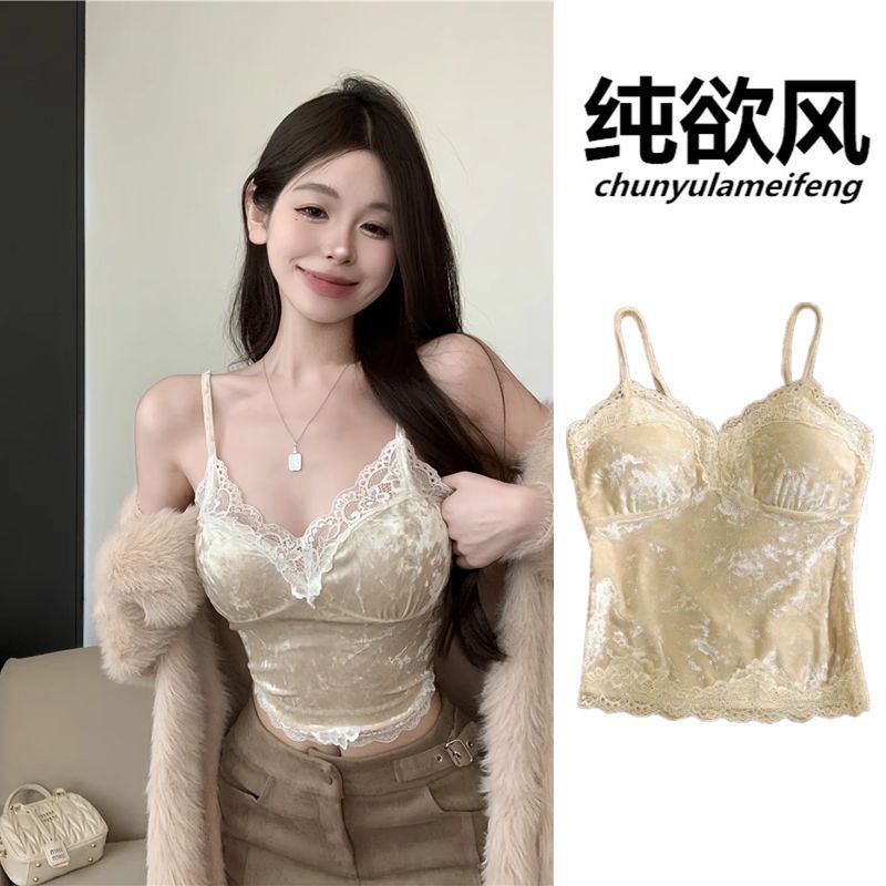 维多利亚【夏季上新】蕾丝v领丝绒吊带背心女秋冬纯欲甜辣妹抹胸带