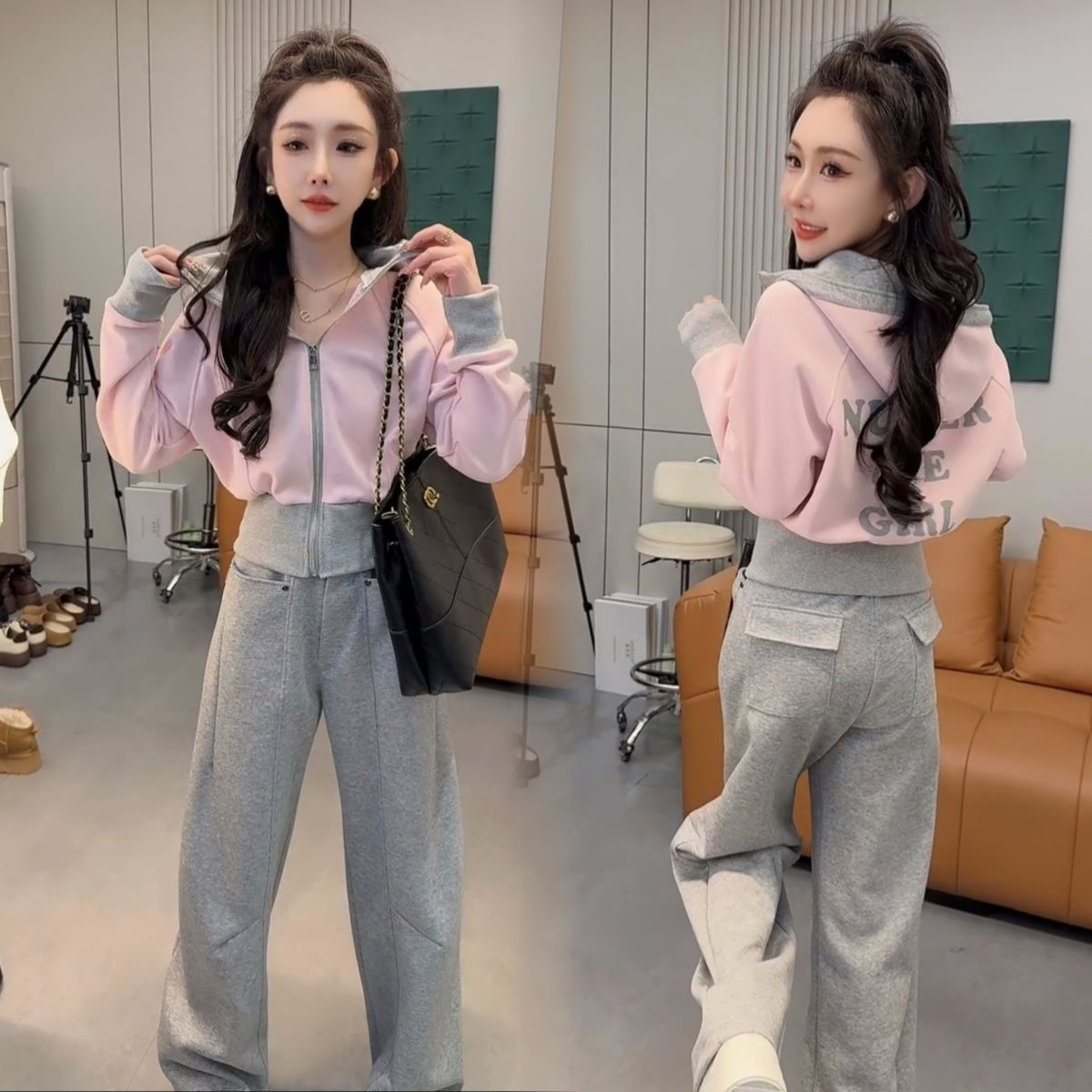 2025秋新款连帽拼色休闲时尚套装洋气高腰弯刀裤拉链开衫减龄上衣