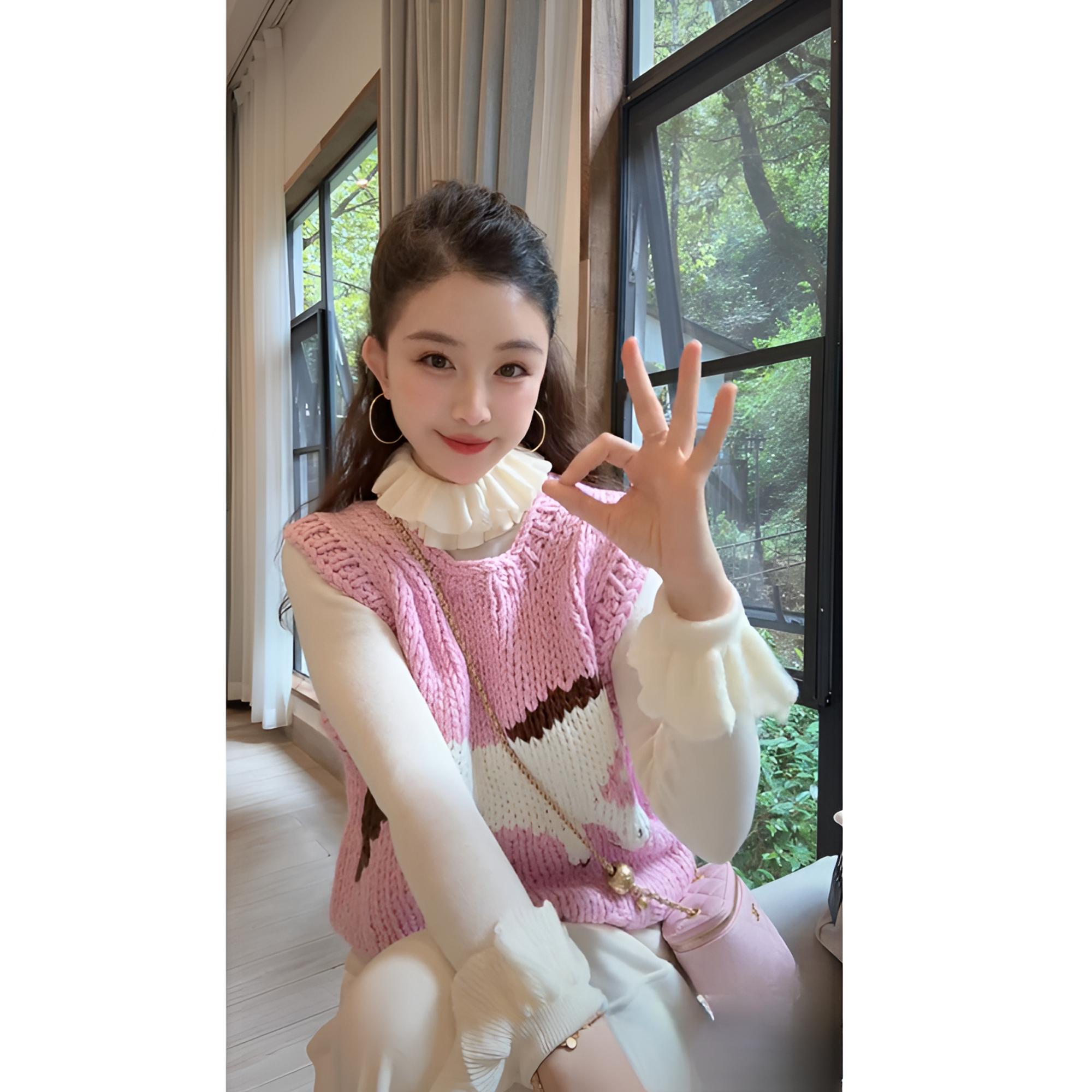 洋洋优选-秋冬新款可叠穿小马图案重工手打毛衣马甲背心女YY71928