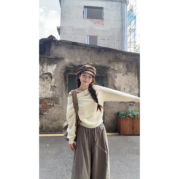 韩系斜肩毛衣女2025秋季新款露肩针织衫早秋chic上衣+裤子套装