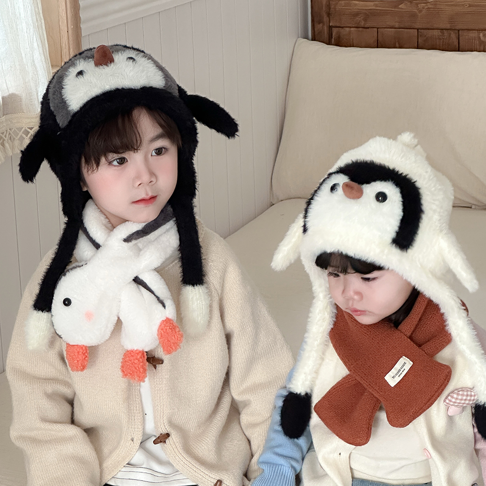 卡通小企鹅儿童帽子保暖圆顶加厚冬天帽子加绒秋冬季宝宝护耳帽
