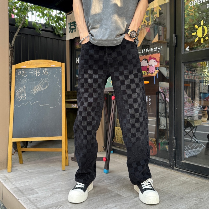 显瘦直筒裤格子休闲长裤男士秋冬2025哈伦男士男士哈伦九分牛仔裤