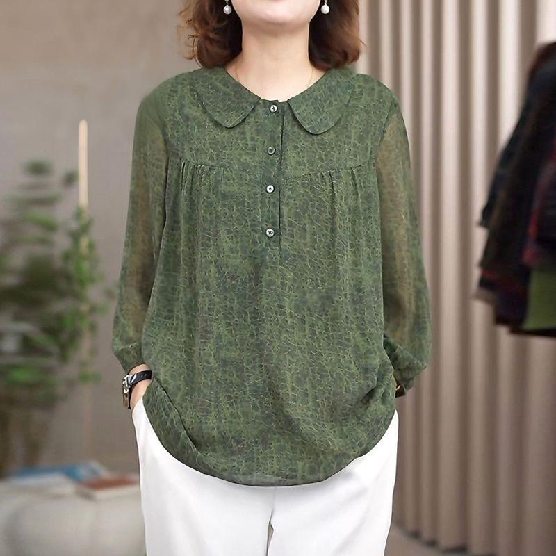 高质量中老年妈妈春夏雪纺衫透气小衫大码女装遮肉宽松外穿女