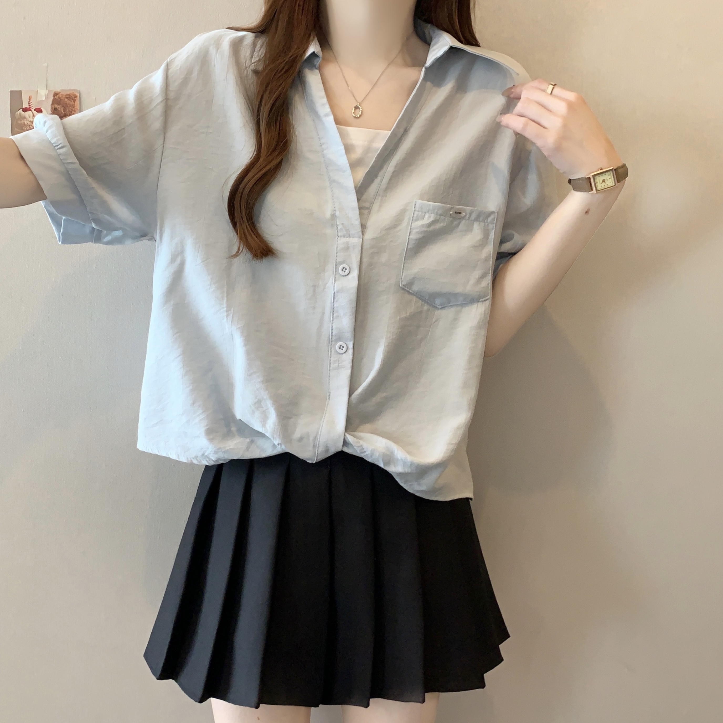 大码女装胖mm别致浅蓝色短袖衬衫2025夏季新款宽松遮肚子雪纺上衣