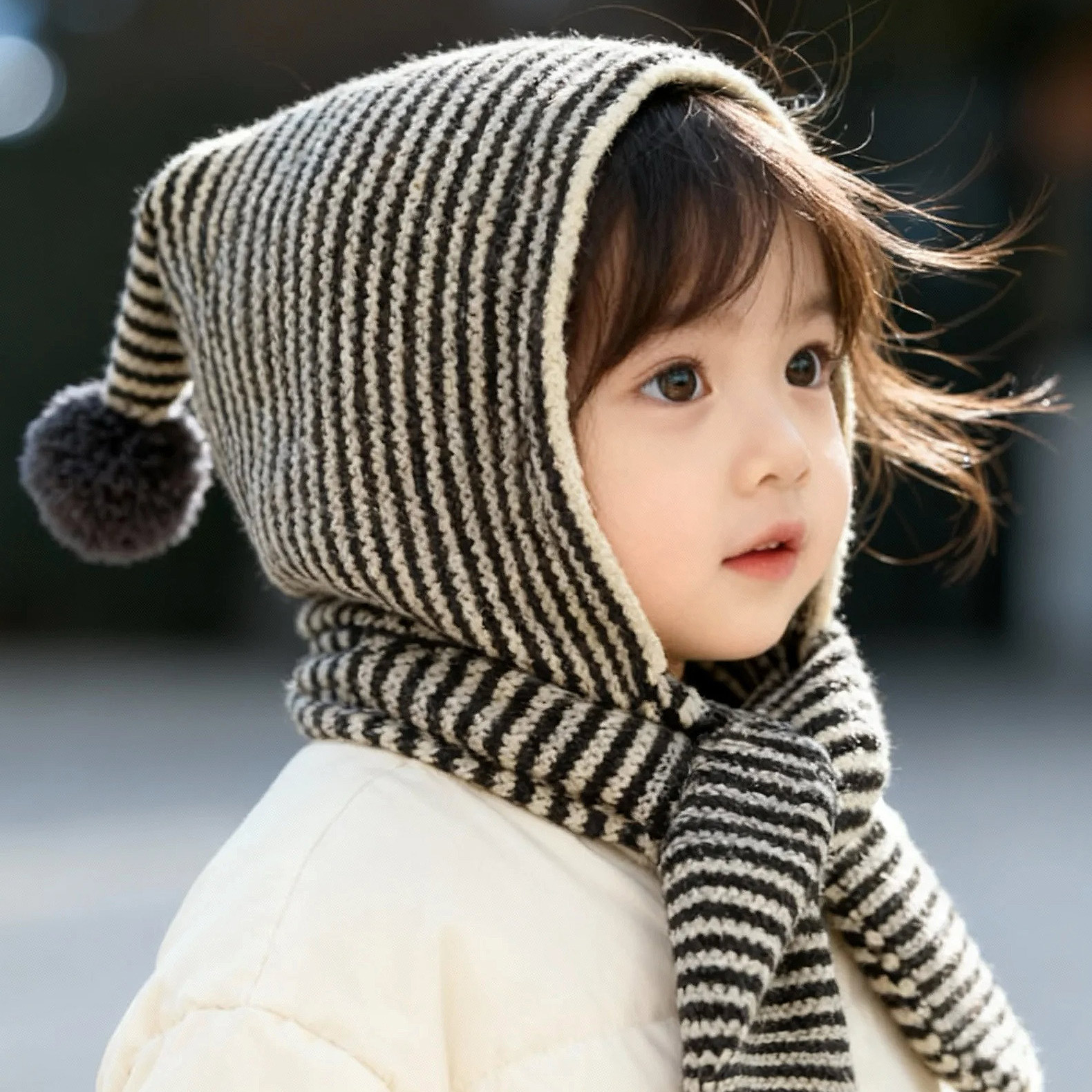 儿童帽子条纹围巾一体秋冬季毛线针织护耳帽小女孩百搭洋气包头帽