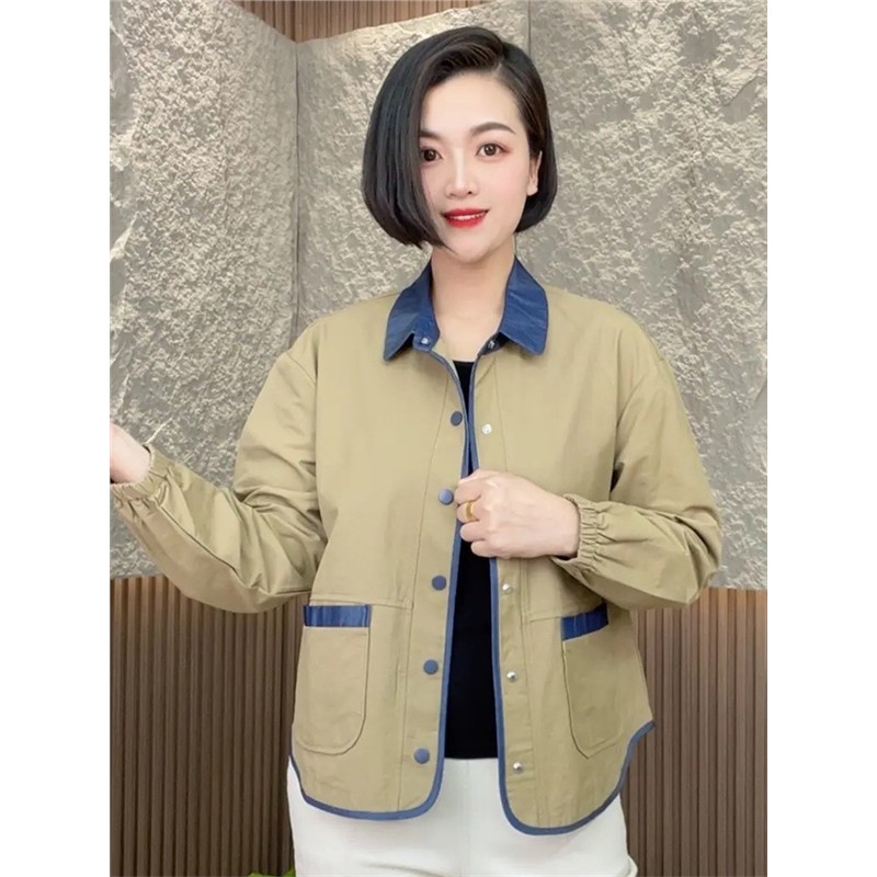 春秋新款妈妈时尚休闲夹克外套女气质百搭减龄撞色中老年长袖上衣