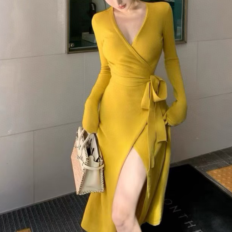 纯欲性感交叉V领一片式绑带收腰开叉边设计中长款针织连衣裙长裙