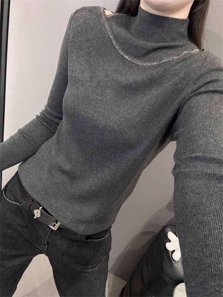 2025款半高领针织衫长袖女欧洲站气质修身内搭毛衣打底衫镂空上衣