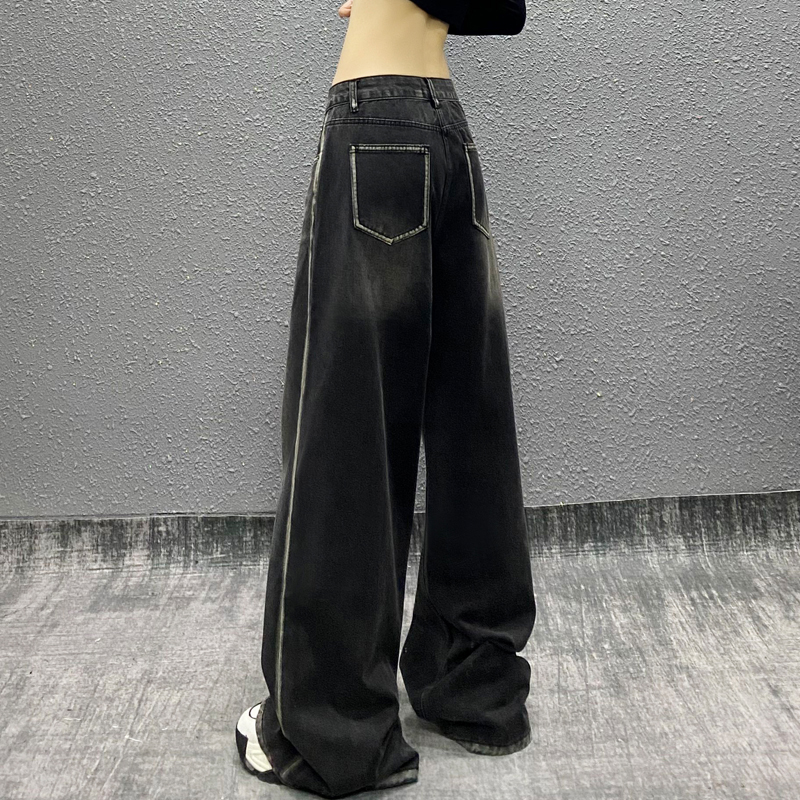 拼色条纹设计感牛仔裤女秋新款高腰宽松显瘦百搭直筒阔腿拖地裤潮