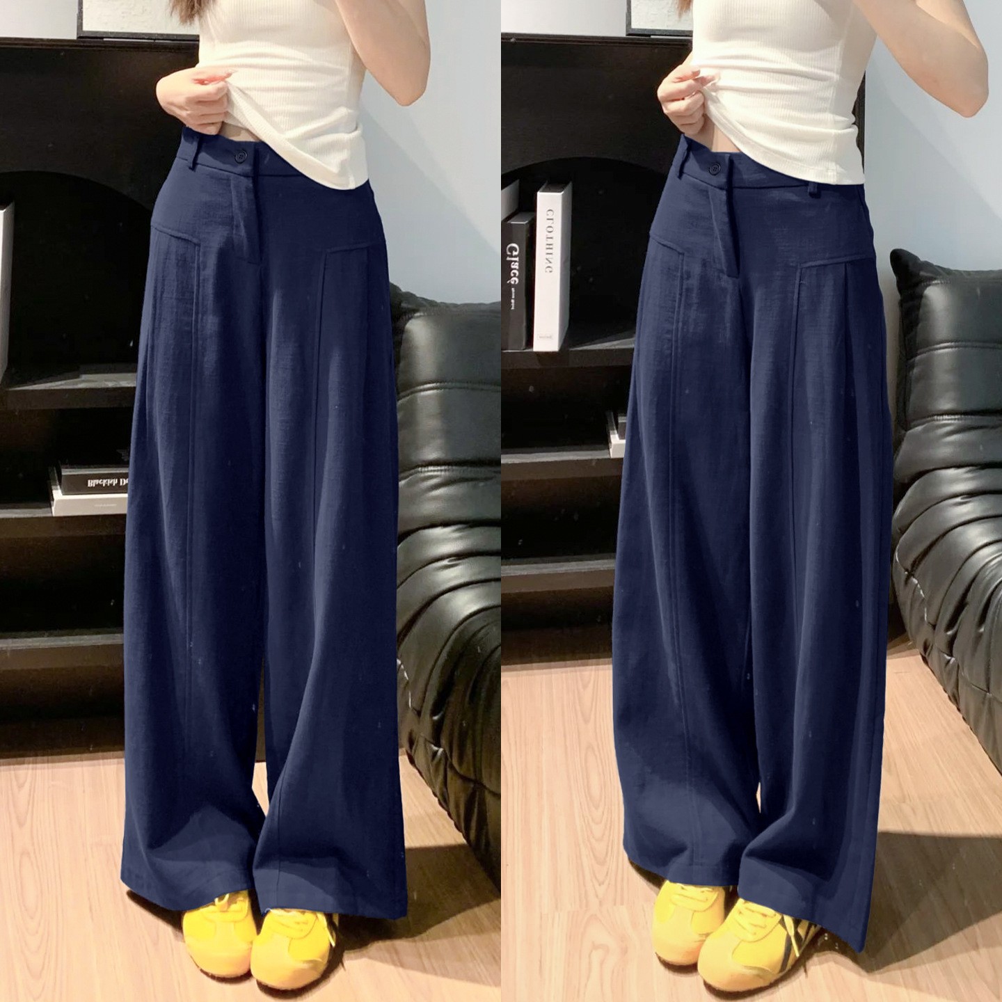 藏青棉麻西装裤女夏季薄款高腰显瘦垂感老钱风宽松亚麻阔腿休闲裤