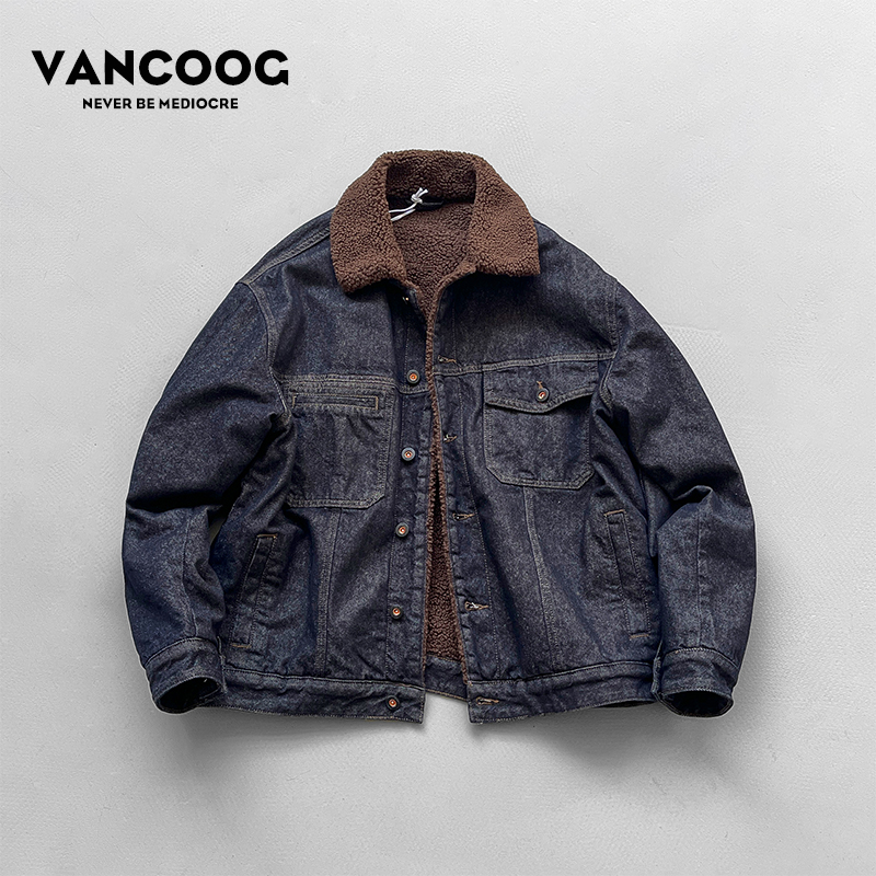 凡购25冬季美式潮牌复古短款多袋夹克保暖毛领宽松加绒牛仔外套男
