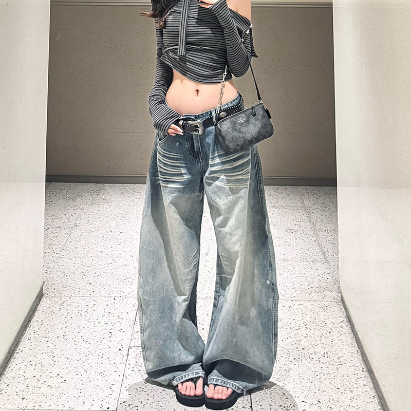 美式复古做旧低腰弯刀牛仔裤女夏季宽松直筒阔腿拖地梧桐镰刀裤子
