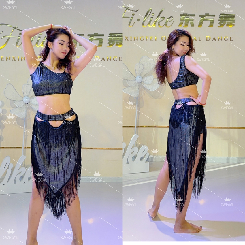 swegal东方舞新款三色练功服肚皮舞服鼓舞流苏裙短款套装镂空性感
