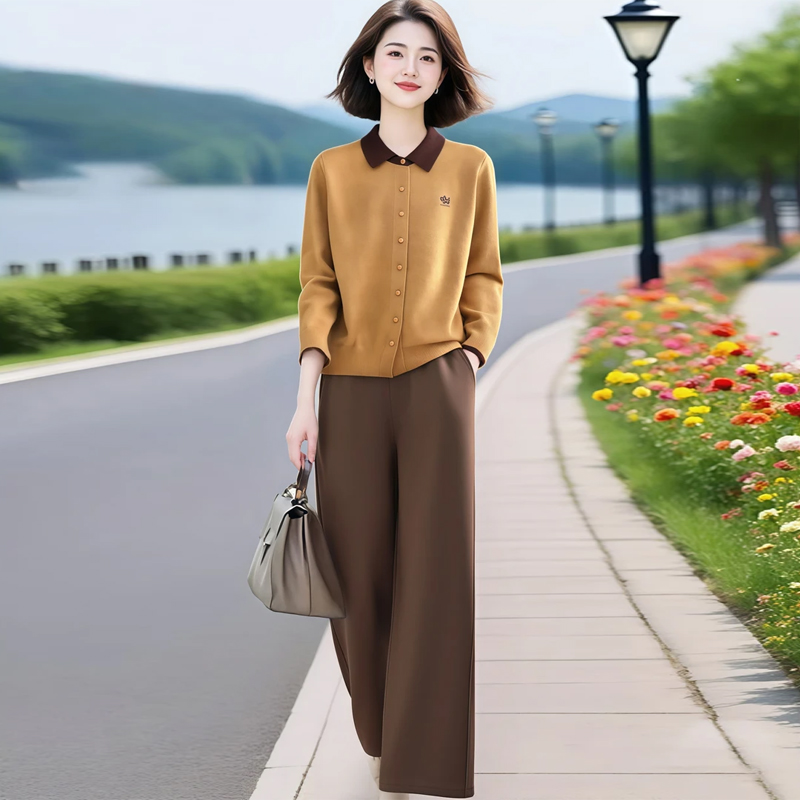 2025新款秋季休闲套装女洋气撞色翻领针织衫+松紧腰直筒裤两件套